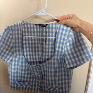 Zara Blue and White Checkered Crop Top